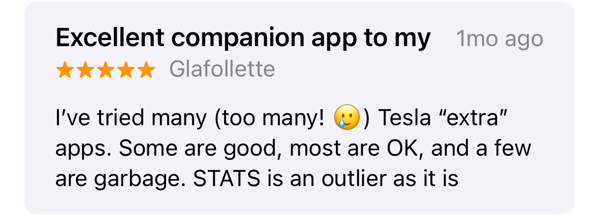 User testimonial from X about Stats for Tesla