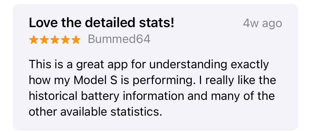 User testimonial from X about Stats for Tesla
