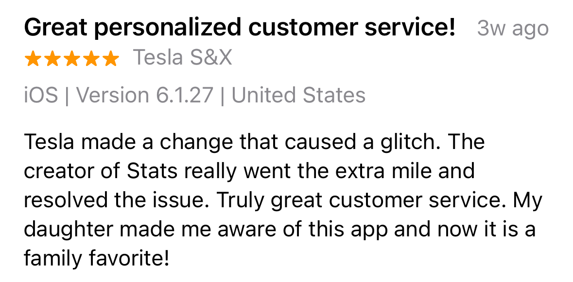 User testimonial from X about Stats for Tesla