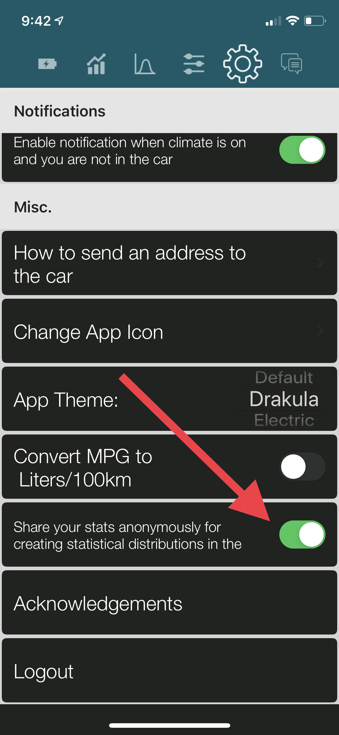 Stats app settings screen showing the share data option for histograms enabled