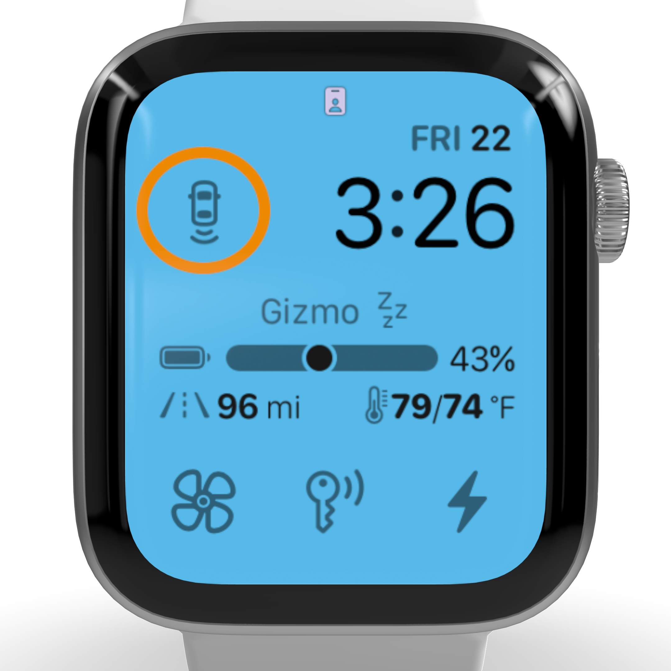 Apple Watch face showing the Stats proximity complication circled