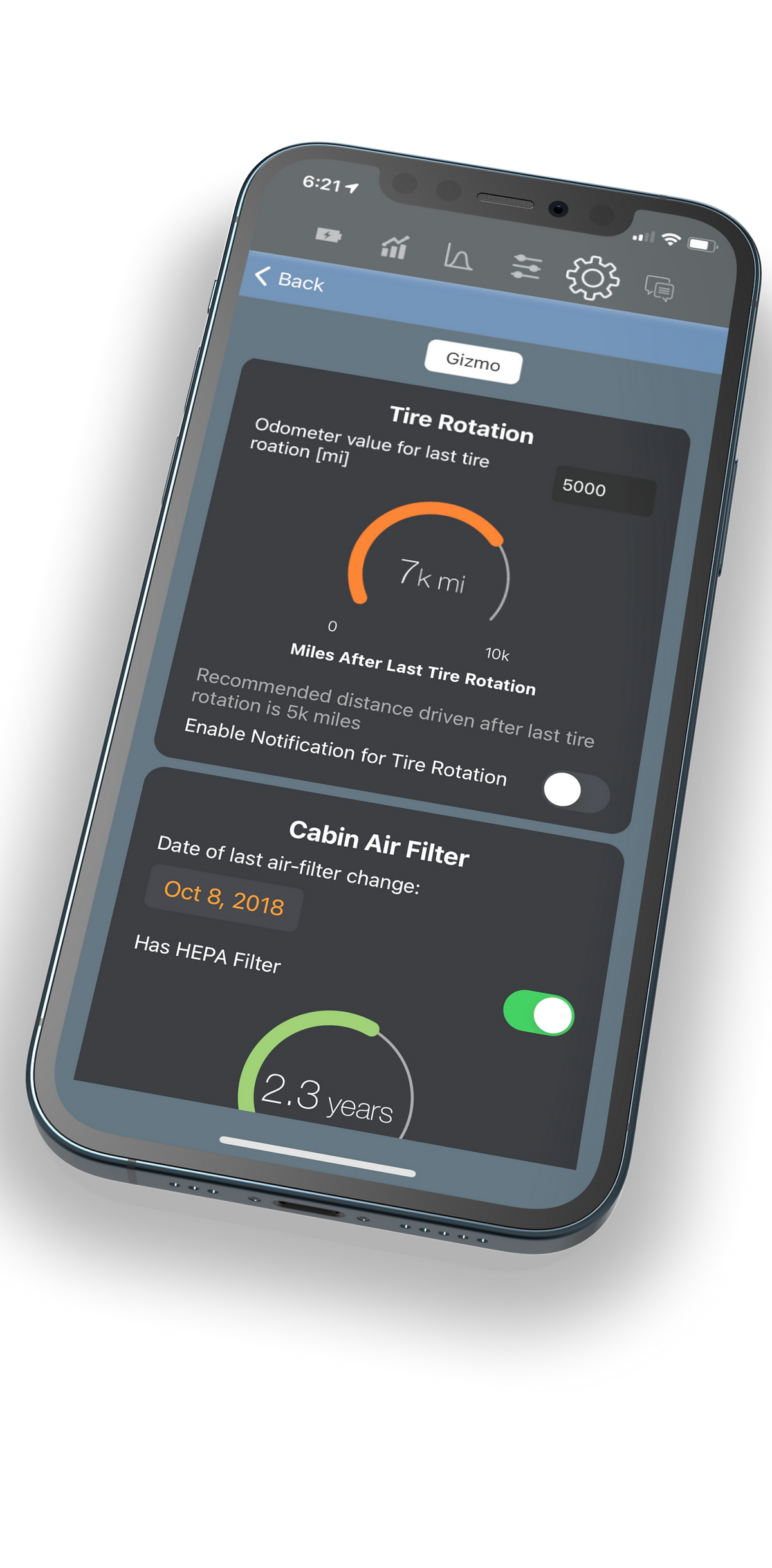 Stats for Tesla car maintenance tracking screen