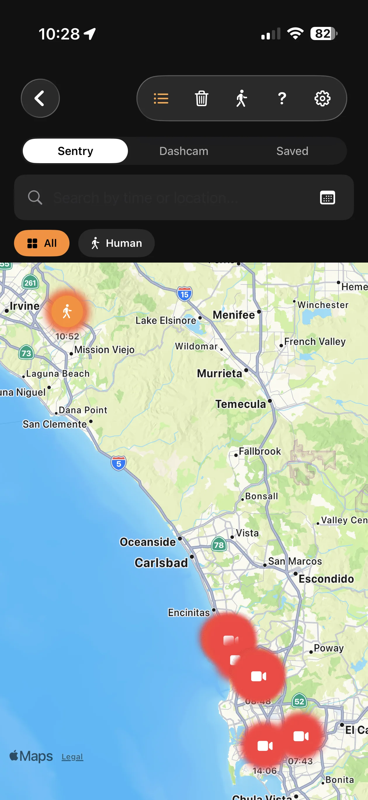 Dashcam and Sentry Viewer Event Map showing human and video event filters