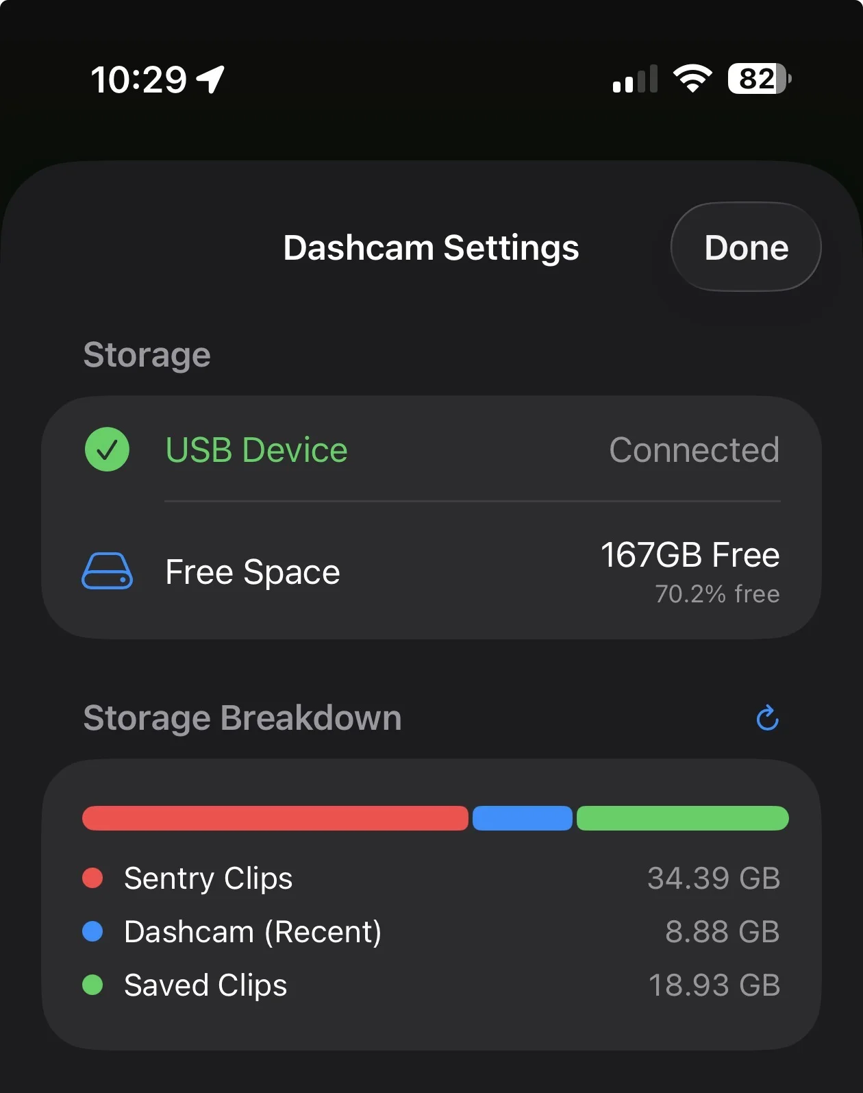 Dashcam Settings screen showing USB device connection, free space, and storage breakdown for Sentry, Dashcam, and Saved clips