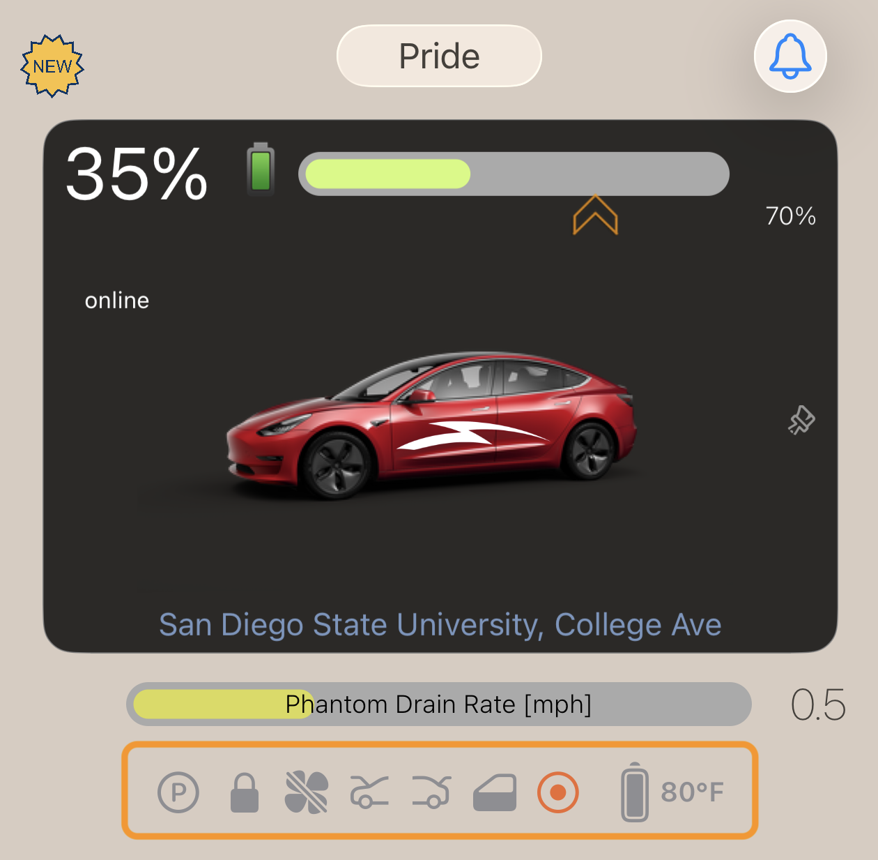 Quick toggle icons on the main Stats for Tesla screen